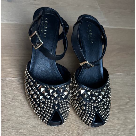 Cecelia New York Birdie Heels Sz 8.5 Black Gold Studded Peep-Toe Ankle Strap - Picture 11 of 13